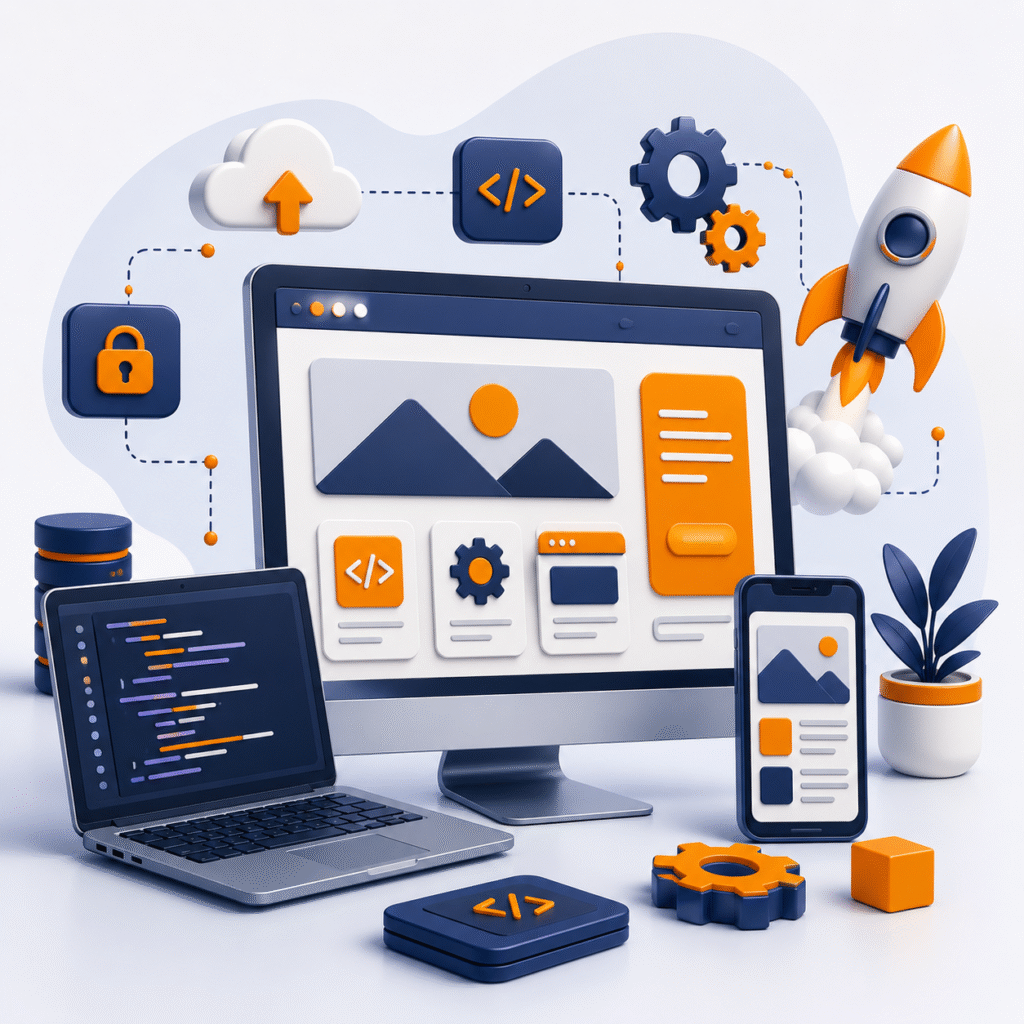 3D illustration of custom web development, responsive website design, coding, cloud integration, UI/UX, and mobile app development by Abhaydata Outsourcing.