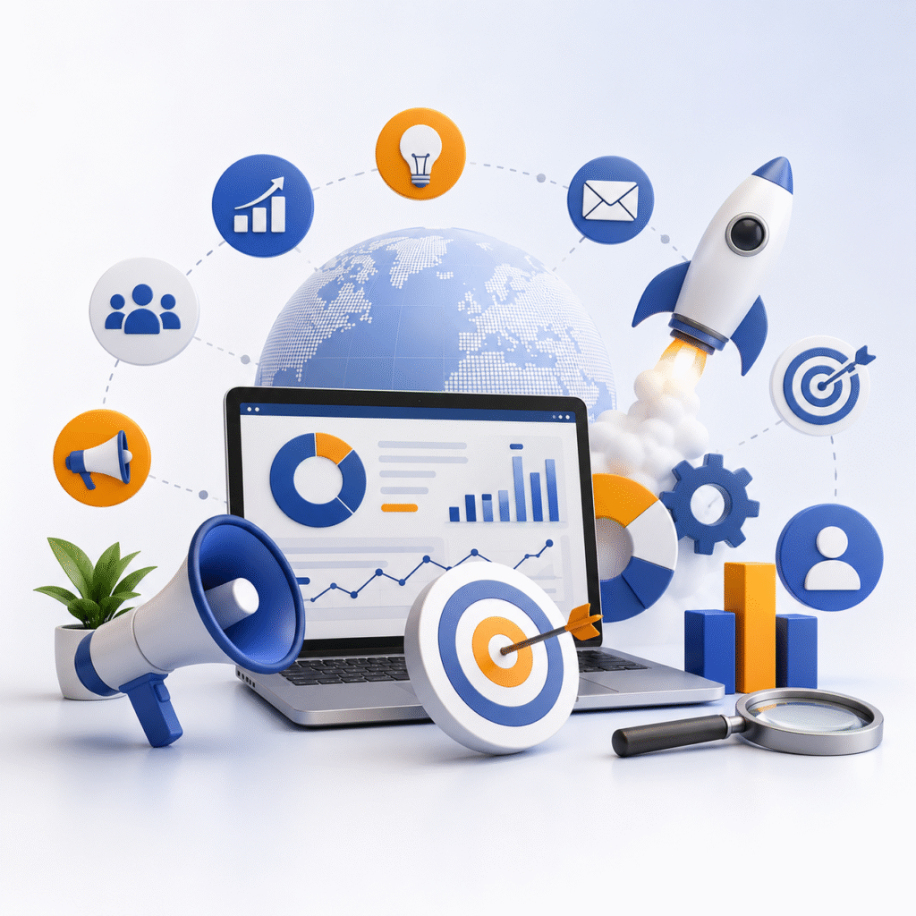 3D illustration of digital marketing strategy with analytics dashboard, target, rocket, megaphone, business growth chart, and global marketing icons.