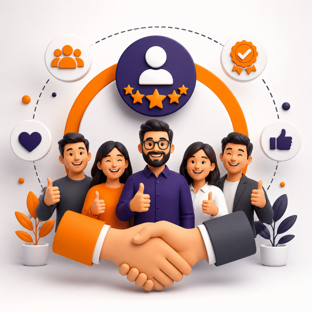 3D illustration of satisfied clients shaking hands, customer satisfaction, positive reviews, and successful business partnership by Abhaydata Outsourcing.