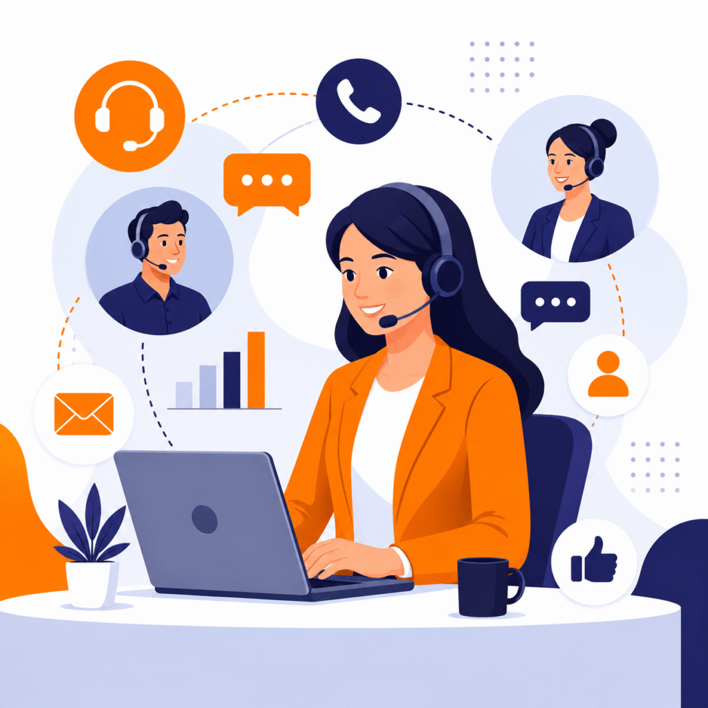 Professional call center agent providing customer support through phone, email, and live chat with modern communication tools by Abhaydata Outsourcing.